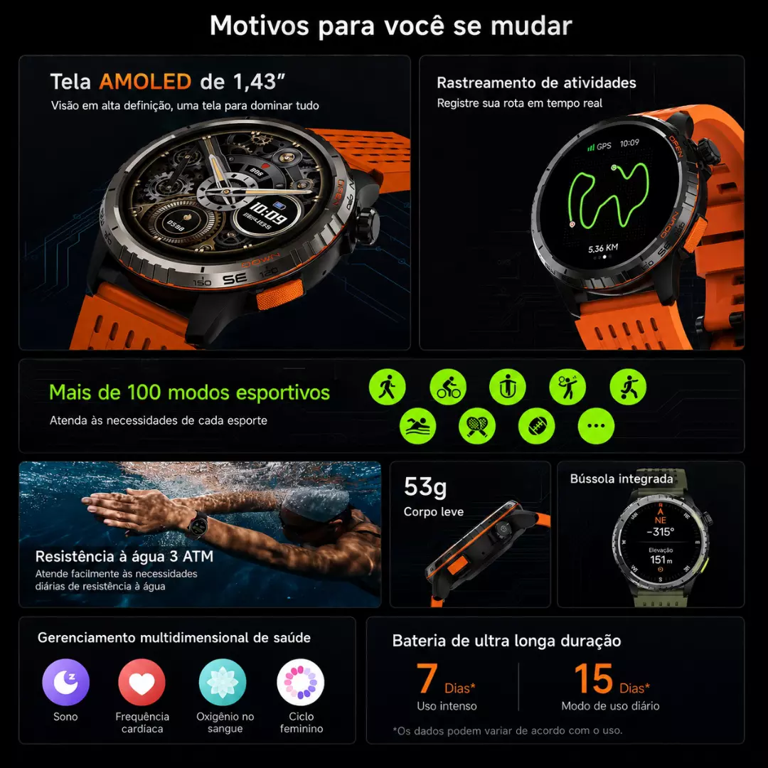 Smartwatch Peje G11 Amoled GPS A Prova D'água 3ATM